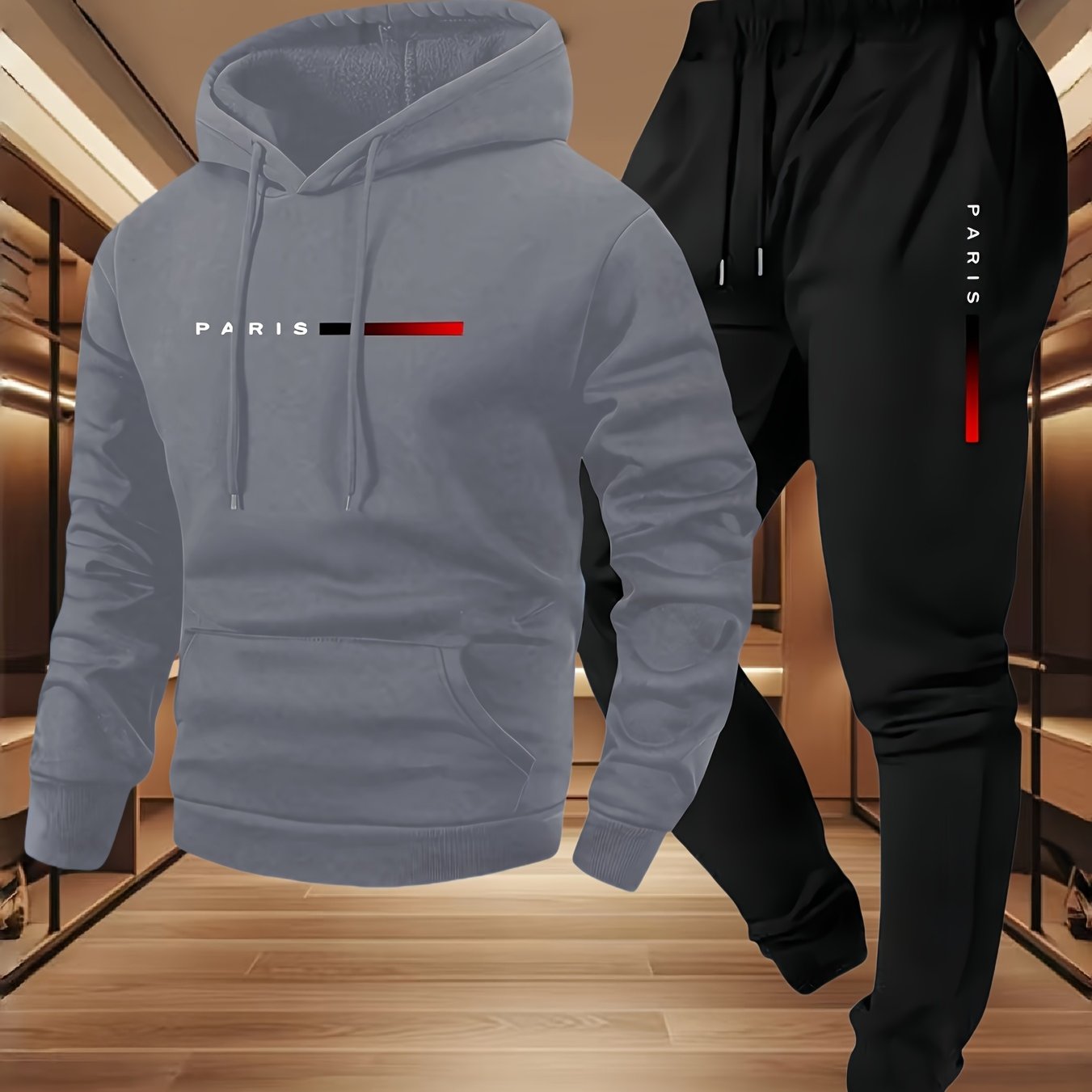 Halloween Men'S Hoodie with PARIS Lettering And Drawstring Sweatpants Set, a Must-Have Outfit for Autumn And Winter, Perfect for Everyday Outdoor Wear