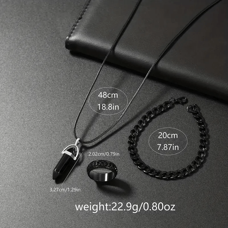 Men'S Luxury Quartz Wristwatch and Jewelry Set | Black Analog Watch with Dual Display, Includes Matching Bracelet, Necklace, and Ring - Ideal for Birthdays, Christmas, Ramadan