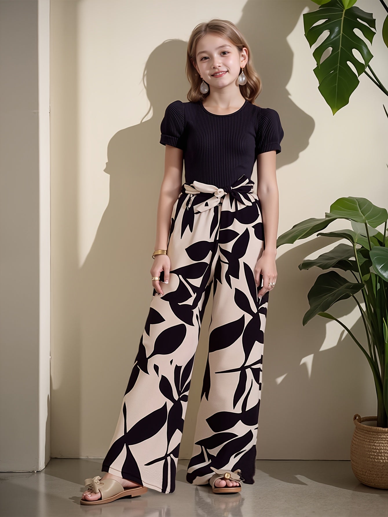 Girls' Summer Floral Top and Wide-Leg Pants Set with Waist Tie