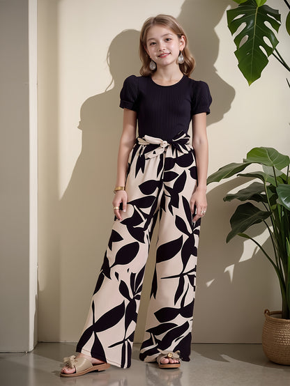 Girls' Summer Floral Top and Wide-Leg Pants Set with Waist Tie