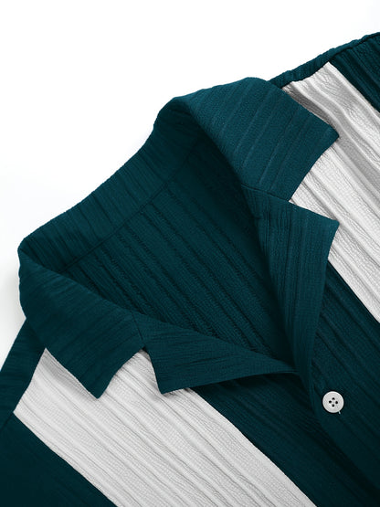 Men'S Color Block French Stripe Short Sleeve Shirt and Pants Set - Casual Button-Up Blazer with White Stripes, Dark Green Pants, Regular Fit for Casual Attire, Versatile Menswear | French Stripe Design | Nonstretch Fabric