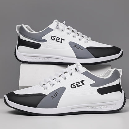 Men's White/Grey/Black Casual Sneakers - Low-Top Lace-Up Shoes with Cushioned Rubber Sole, PU Upper  Fabric Lining - Lightweight Everyday Walking Shoes for Gym, Office, Travel - Minimalist Athletic Footwear, Shoes Sneakers,