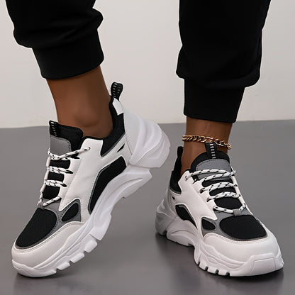 Men's Casual Athletic Sneakers, Lightweight Breathable Lace-Up EVA Sole Low-Top Sneakers, Black  White Color Block