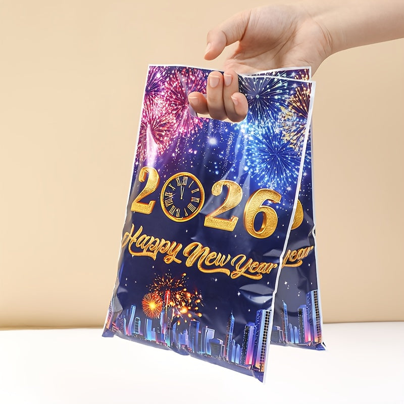 10/25/50pcs FengRise 2026 Happy New Year Fireworks Countdown Clocks Gift Bags - Vibrant Fireworks & Cityscape Design, Durable Plastic Party Favor Bags for New Year'S Eve, Birthday, Wedding Decorations, New Year Gifts, Festive
