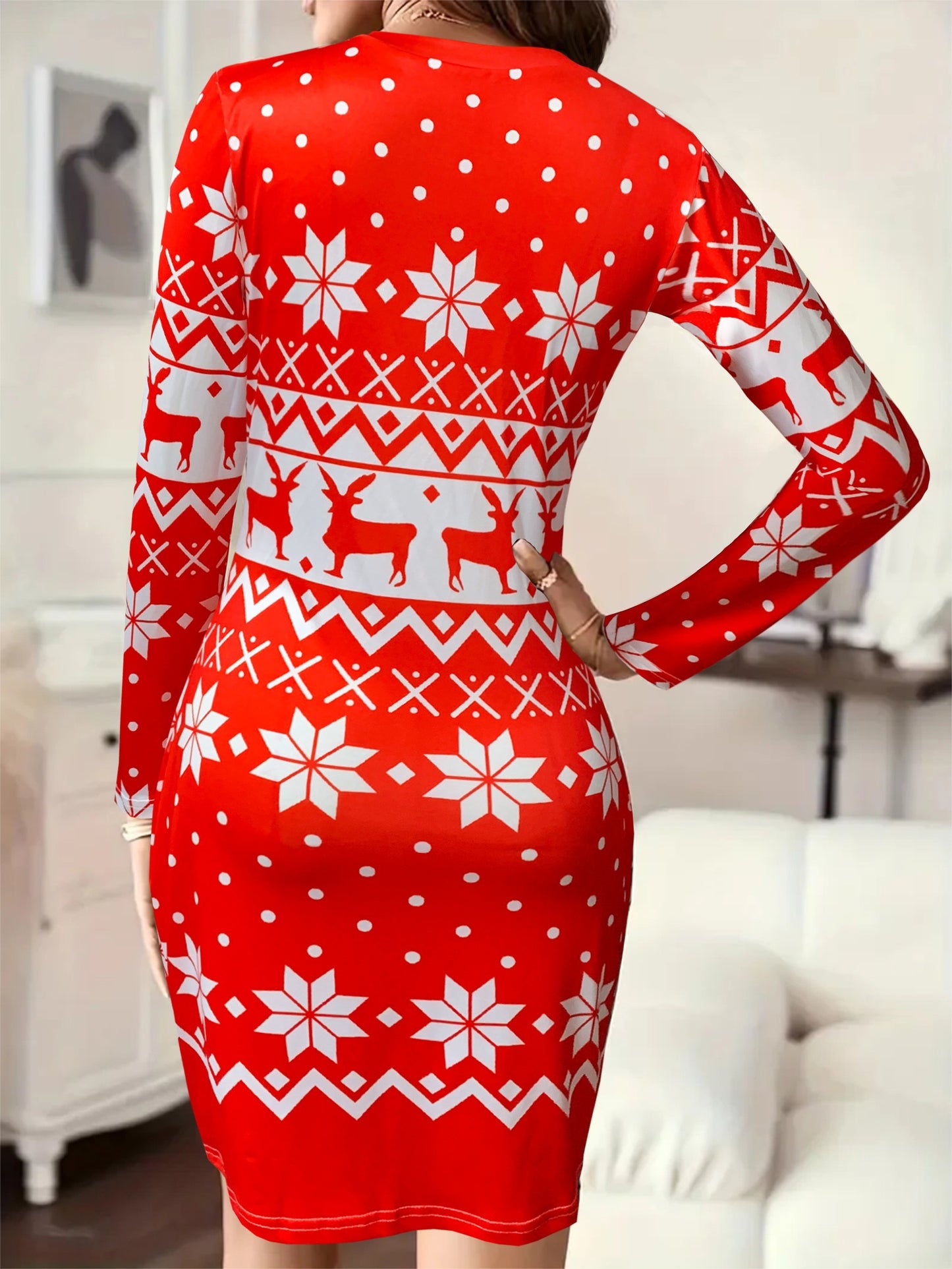 Christmas Deer Print Bodycon Dress, Casual Crew Neck Long Sleeve Mini Dress, Women's Clothing