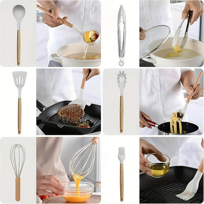 12pcs, wooden handle silicone kitchenware 12 sets, high temperature silicone spatula, spoon, cream spatula, slotted spoon, spaghetti grab, thick spoon, non-stick cooking spoon set, kitchen cooking tools, silicone kitchen uten