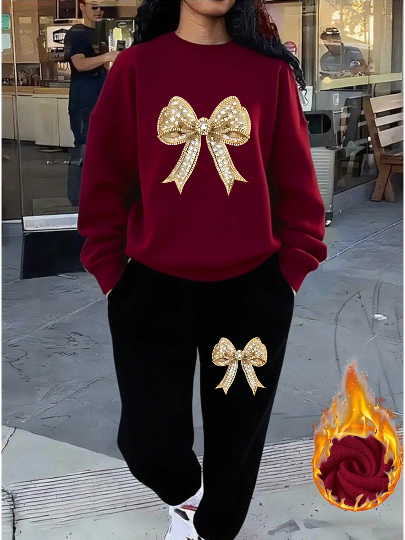 Women'S Sparkling Bow Print Sweatshirt and Pants Set - Casual Long Sleeve Pullover with Glittery Bow Design, Black and Gray, Perfect for Casual Attire, Casual Wear|Sparkling Bow Design|Stretchy Fabric