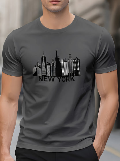 Men's Quick-Dry Summer T-Shirt with New York City Skyline Graphic Print - Breathable Moisture-Wicking Fabric, Regular Fit Round Neck Tee for Casual  Outdoor Wear, Machine Washable, Comfortable Fit