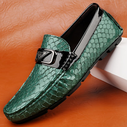 Men's Trendy Faux Snake Skin Loafers with Metal Buckle, Soft Sole
