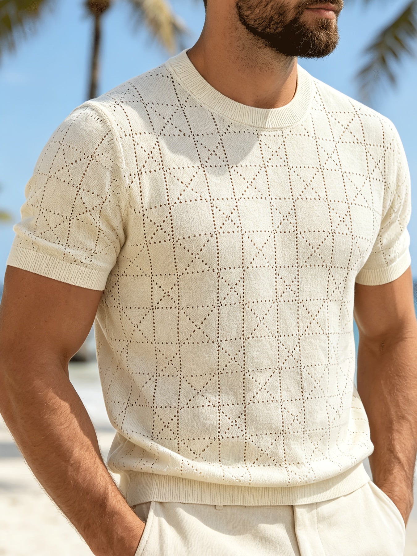 Men's Loose Fit Short Sleeve Hollow Knit Crew Neck Top