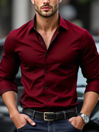 Men's Solid Color Slim Fit Shirt with Lapel Collar for All Seasons