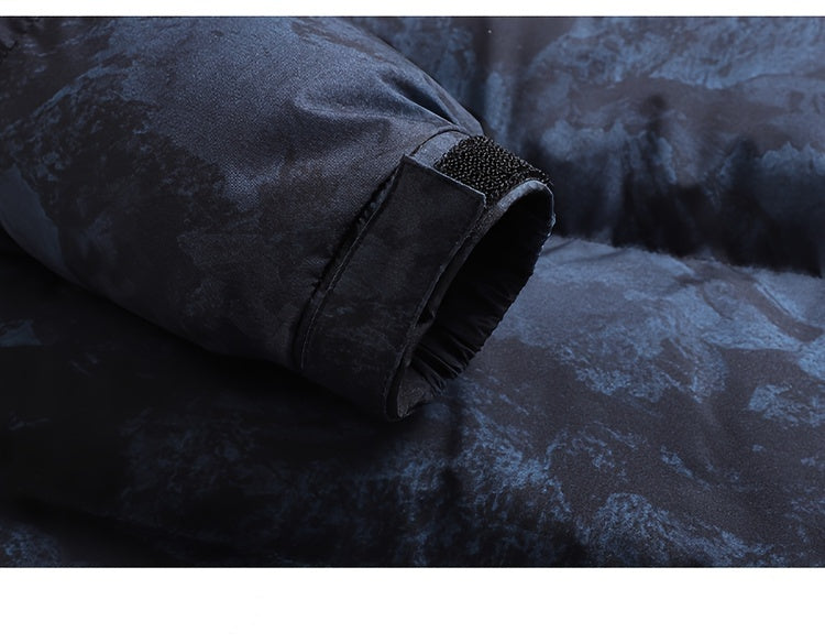 Men's Winter Jacket Windproof Coat with Stand Collar & Camo Marbled Pattern (Black/White/Grey) - Thickened Padded, Full-Zip Closure, for Skiing,, Outdoor Activities - Cold Weather Survival