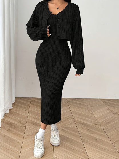 Women'S Autumn And Winter Outfit Featuring a Long-Sleeve Top with a Coat And a Camisole Dress in a Two-Piece Set.