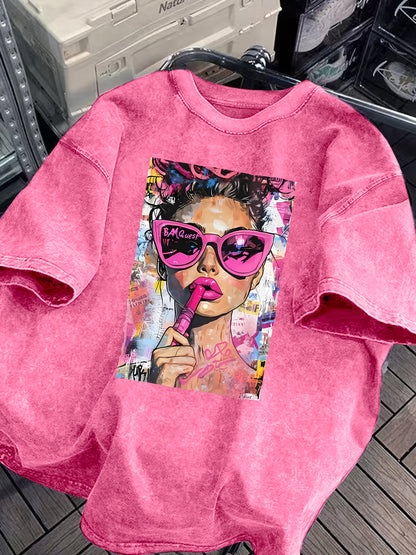 Women's Vintage Washed Cotton Blend T-Shirt with Bold Pop Art