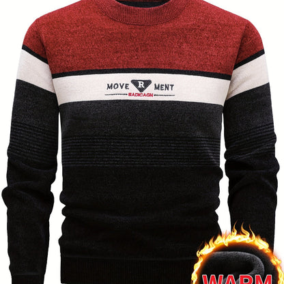 Temujin Men'S Winter Round Neck Sweater with Fleece, Knitted with Embroidered Stripes And Casual Letters for Warmth And a Fitted Style