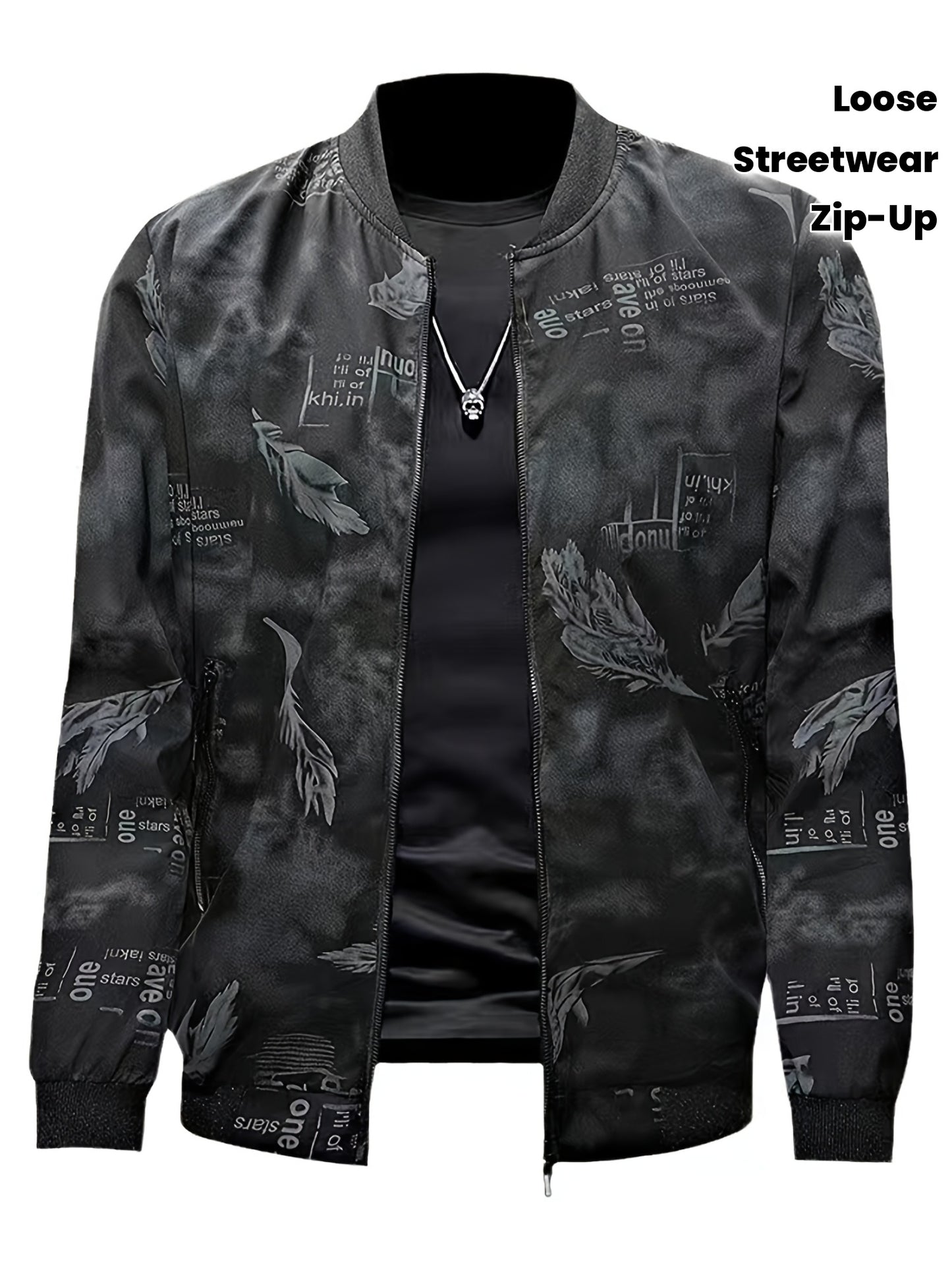 Men'S Lightweight Preppy Bomber Jacket with Feather & Star Print, Stand Collar, Zip-Up, Loose Fit, Polyester Lining, Casual Streetwear Style, Casual Outerwear | Star Pattern Jacket | Zippered Jacket