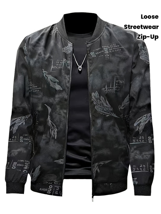 Men'S Lightweight Preppy Bomber Jacket with Feather & Star Print, Stand Collar, Zip-Up, Loose Fit, Polyester Lining, Casual Streetwear Style, Casual Outerwear | Star Pattern Jacket | Zippered Jacket