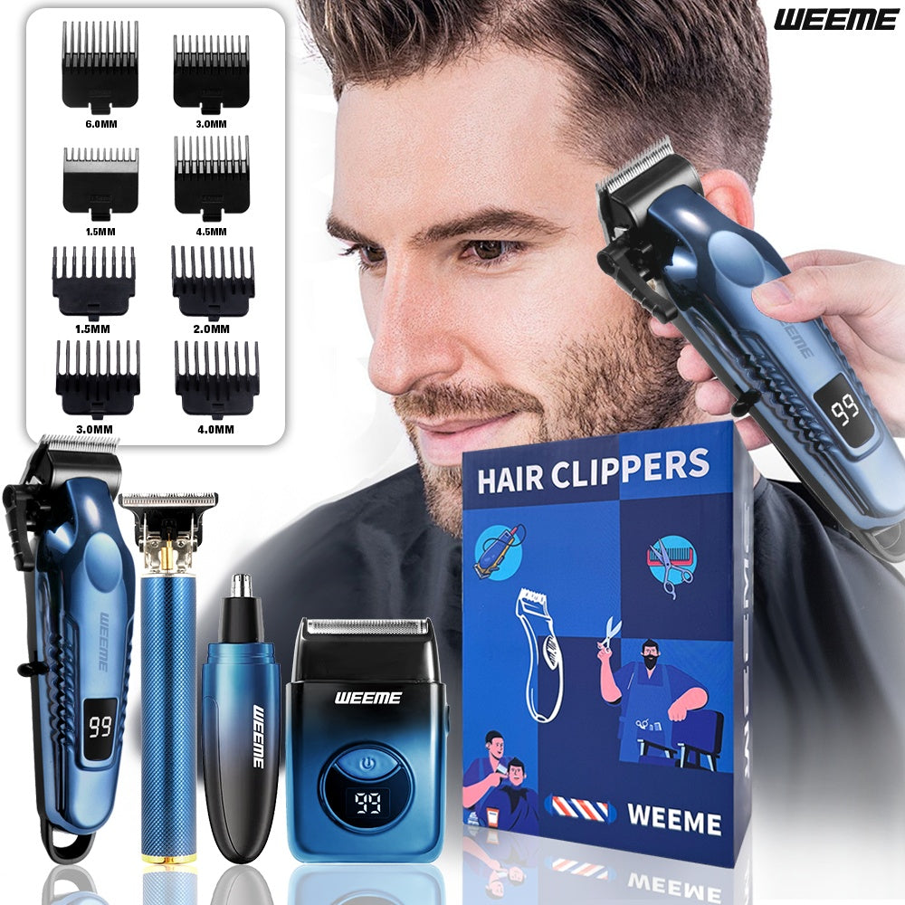 WEEME 4pcs Men's Electric Hair Clipper Set, Beard Trimmer Set, Household Facial Cleansing Set. Hair Cutting, Shaving, Trimming of Nasal Hair, Trimming of Sideburns, Facial Hair Cleaning. USB Charging. for Household Use, Vehic - ayq