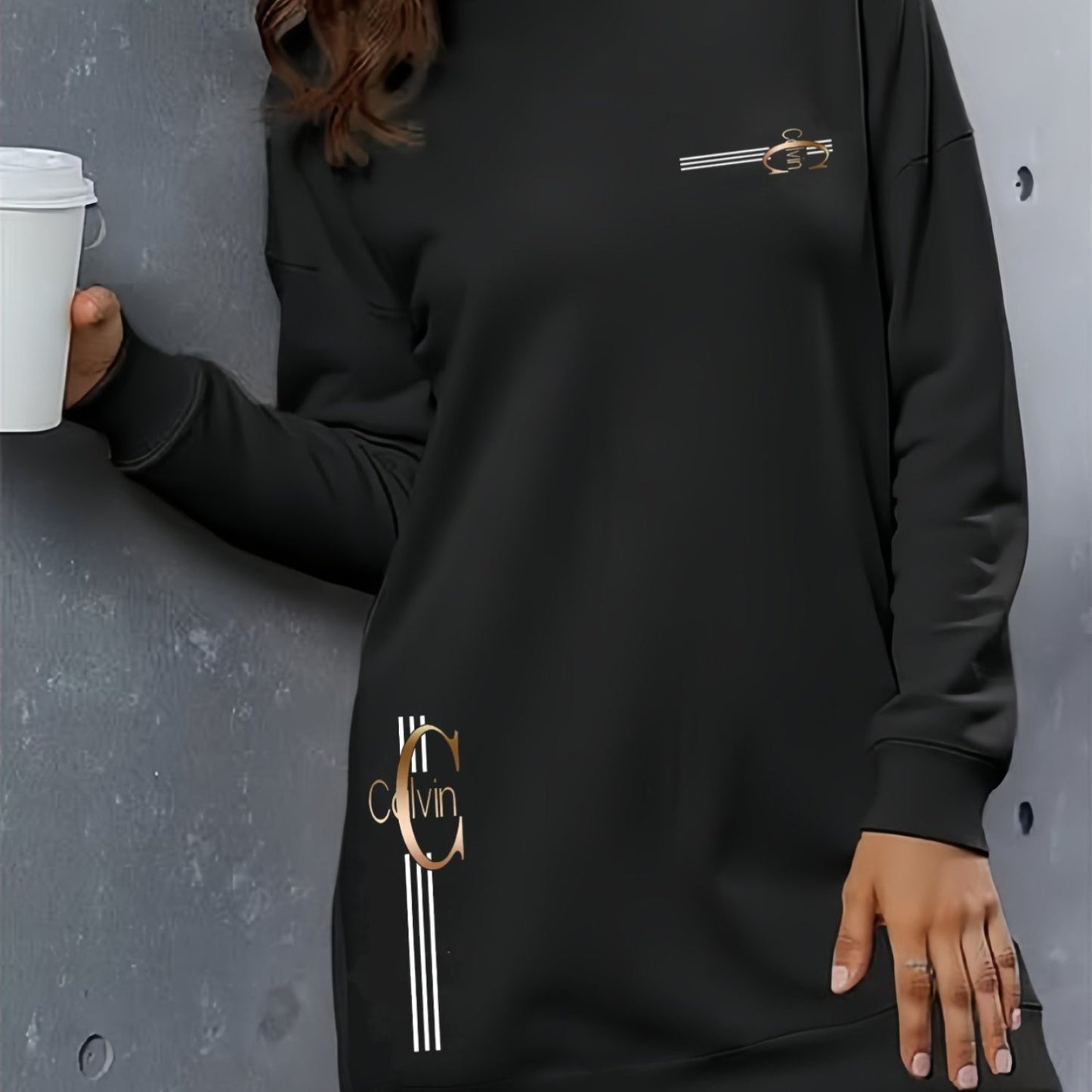 Women'S Elegant Letter Print Hooded Sweatshirt - Thickened Fleece-Lined Long Dress with Golden Lettering & Golden-Tone Lettering, Front Zipper Closure, All-Season Casual Elegant Sweater, Cute Hoodie