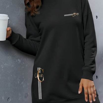 Women'S Elegant Letter Print Hooded Sweatshirt - Thickened Fleece-Lined Long Dress with Golden Lettering & Golden-Tone Lettering, Front Zipper Closure, All-Season Casual Elegant Sweater, Cute Hoodie