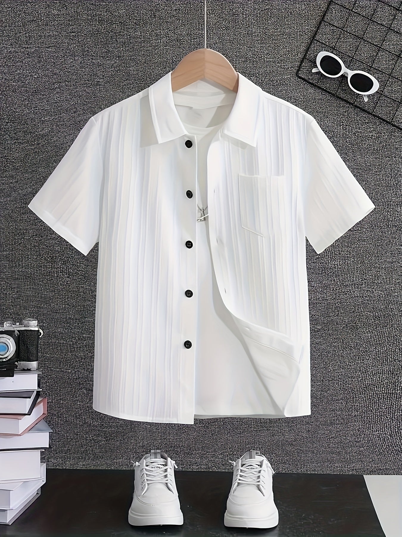 Boys' Summer Casual Short-Sleeve Striped Shirt with Chest Pocket
