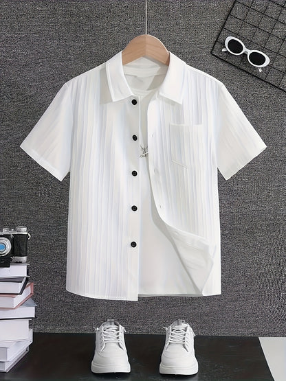 Boys' Summer Casual Short-Sleeve Striped Shirt with Chest Pocket