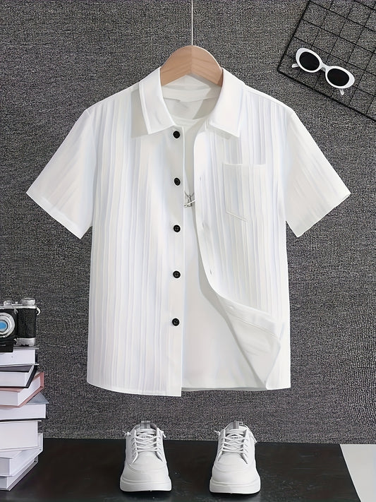 Boys' Summer Casual Short-Sleeve Striped Shirt with Chest Pocket