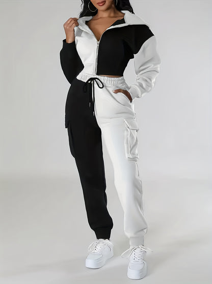 Women's Color-Block Hooded Casual Set for Fall Winter