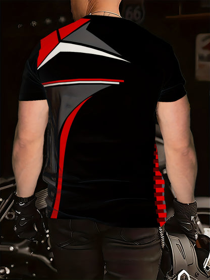 Men's Black 3D Geometric Print T-Shirt – Casual Short Sleeve Summer Tee with Red  Gray Accents, Round Neck, Machine Washable for Outdoor Sports, Everyday Comfort, Durable Fabric