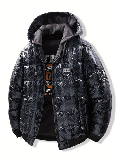 Men'S Stylish Hooded Winter Jacket - Thickened, Warm, and Trendy with Geometric Pattern, Black with Orange Accents, Polyester Filler, Perfect for Cold Weather, Winter Jacket Hooded
