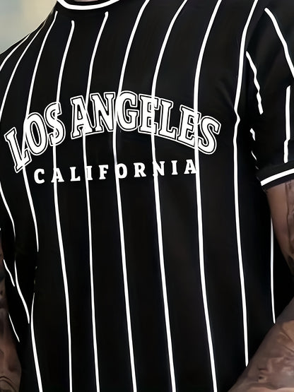 Men's Los Angeles California Graphic T-Shirt - Black  White Striped Casual Streetwear Tee, Breathable Summer Crew Neck Short Sleeve Top, Regular Fit, Everyday Streetwear   Smooth Texture Fabric