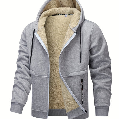 1pc Men'S Casual Style Hooded Jacket, Thick Fleece Lined, Warm