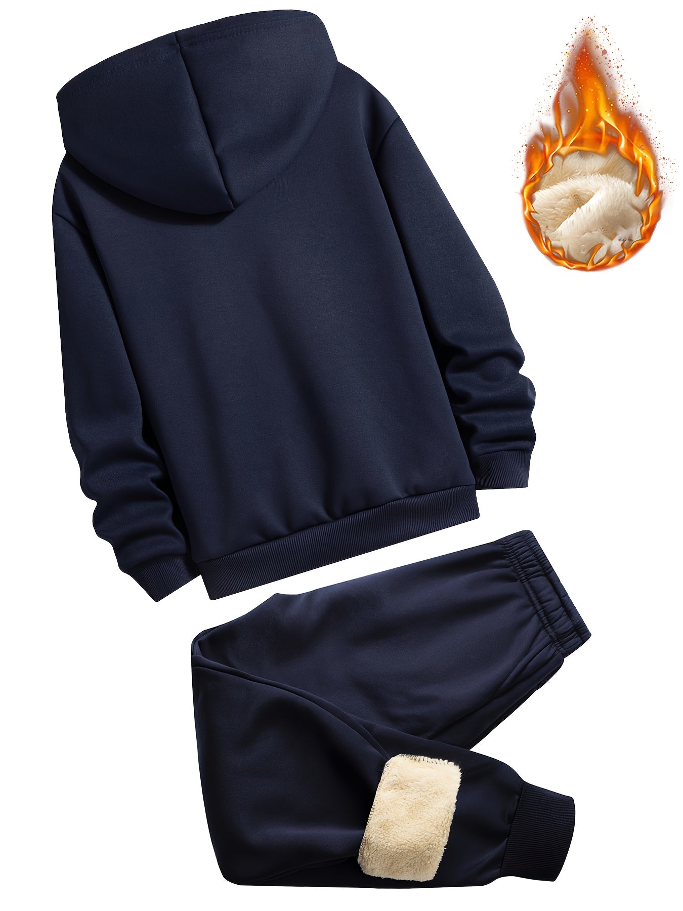 2pcs Boys' Fleece-Lined Hooded Sweatshirt + Casual Pants Set, Solid Color Long-Sleeved Zip-Up Top with Medium Stretch Warm Fabric for Autumn/Winter Season, Perfect for