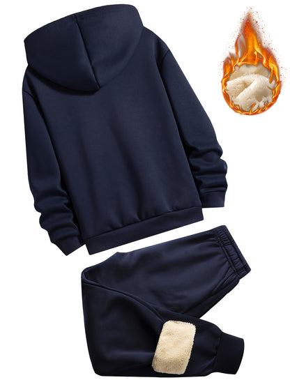 2pcs Boys' Fleece-Lined Hooded Sweatshirt + Casual Pants Set, Solid Color Long-Sleeved Zip-Up Top with Medium Stretch Warm Fabric for Autumn/Winter Season, Perfect for