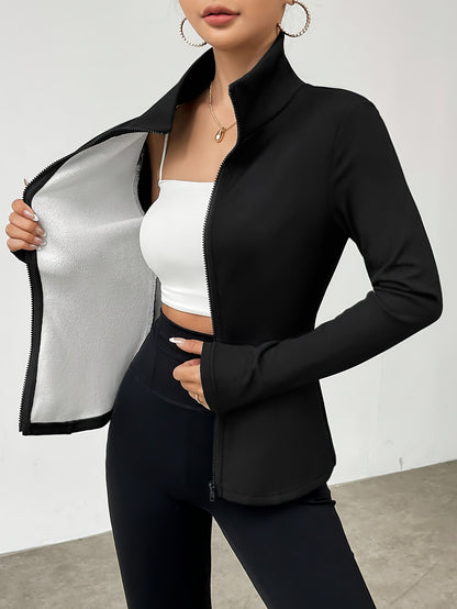 Women'S Fleece Jacket - Elegant Stand Collar Zip-Up with Front Pockets, Long Sleeve, All-Season Versatile for & Fitness, Black, Apparel | Sleek Black Jacket | Zippered Jacket