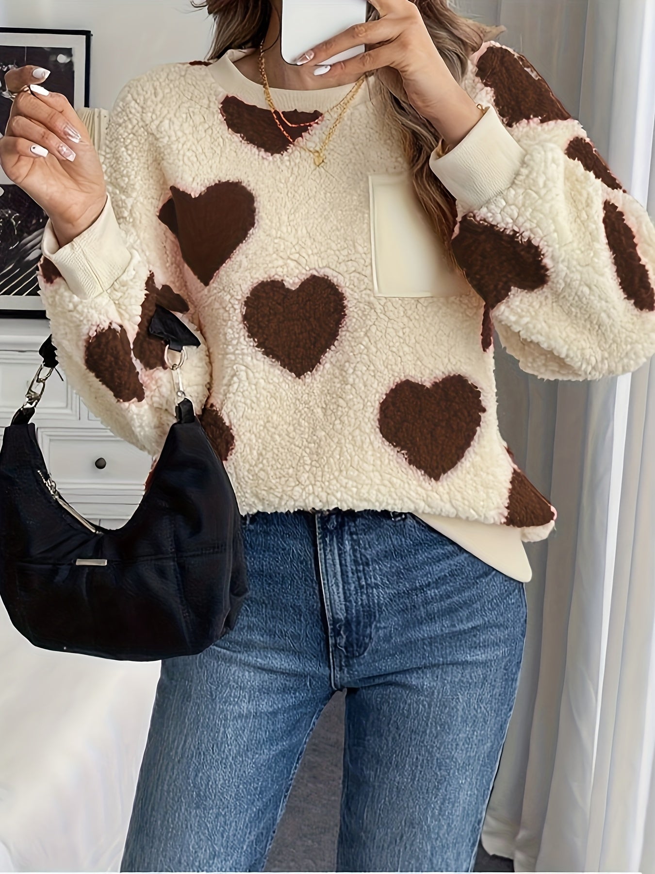 Women'S Plush Heart Sweater - Soft & Heart Pattern Sweater with Heart Cutouts, Cozy Winter Sweater for Fall & Winter