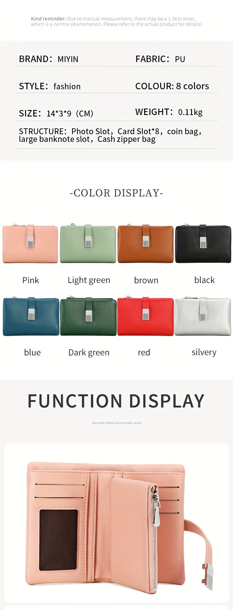 A Compact Trifold Wallet Made of Soft PU in a Solid Color, Featuring Metal Accents. It Includes a Zippered Coin Pocket, Card Slots, And an ID Window, Suitable for Credit Cards, ID Cards, Cash, And Coins. This Modern, Lightwei