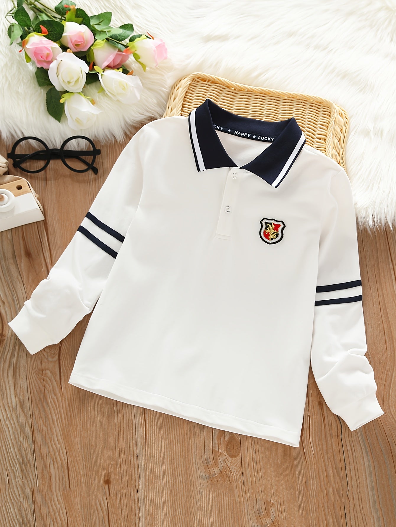 Boys' Long-Sleeve Lapel Cotton T-Shirt for School Uniforms