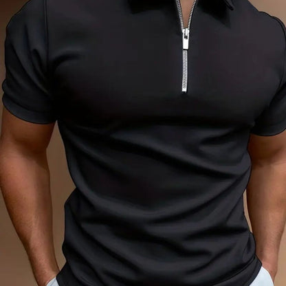 Men's Summer Classic Collar Half-Zip Casual T-Shirt - Solid Black, Breathable Regular Fit Short Sleeve Top for Casual Attire & Semi-Formal Occasions, Semiformal Attire | Halfzip Shirt | Smooth Fabric Finish
