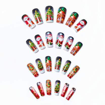 Christmas 24pcs Medium-Length Glossy Red Santa Claus and White Snowman Detachable False Nails, Contrast Color Press-On Manicure Stickers for Holiday Daily Party Wear, Festive Manicure, Seasonal Nail Art, Glossy Finish, Festiv