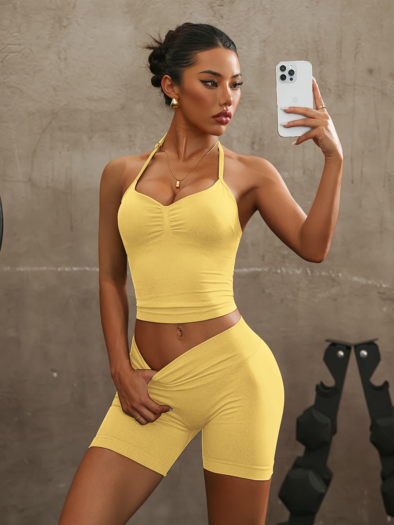 Dopamine-Style Halter Neck Two-Piece Set with Sports Shorts