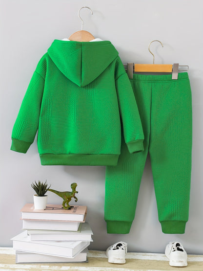 2pcs set of casual and fashionable fleece thickened Jacquard zipper pocket shoulder-length hooded sweatshirt and fleece Jacquard sports jogging pants suit, children's autumn and winter comfortable and versatile clothing, can