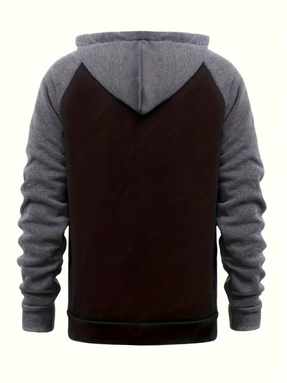 Men'S Stylish Color Block Hoodie - Casual Zip-Up Hooded Sweatshirt with Front Pockets, Long Sleeves, and Ribbed Cuffs - Maroon & Black Design, Comfortable for Fall and Winter Wear
