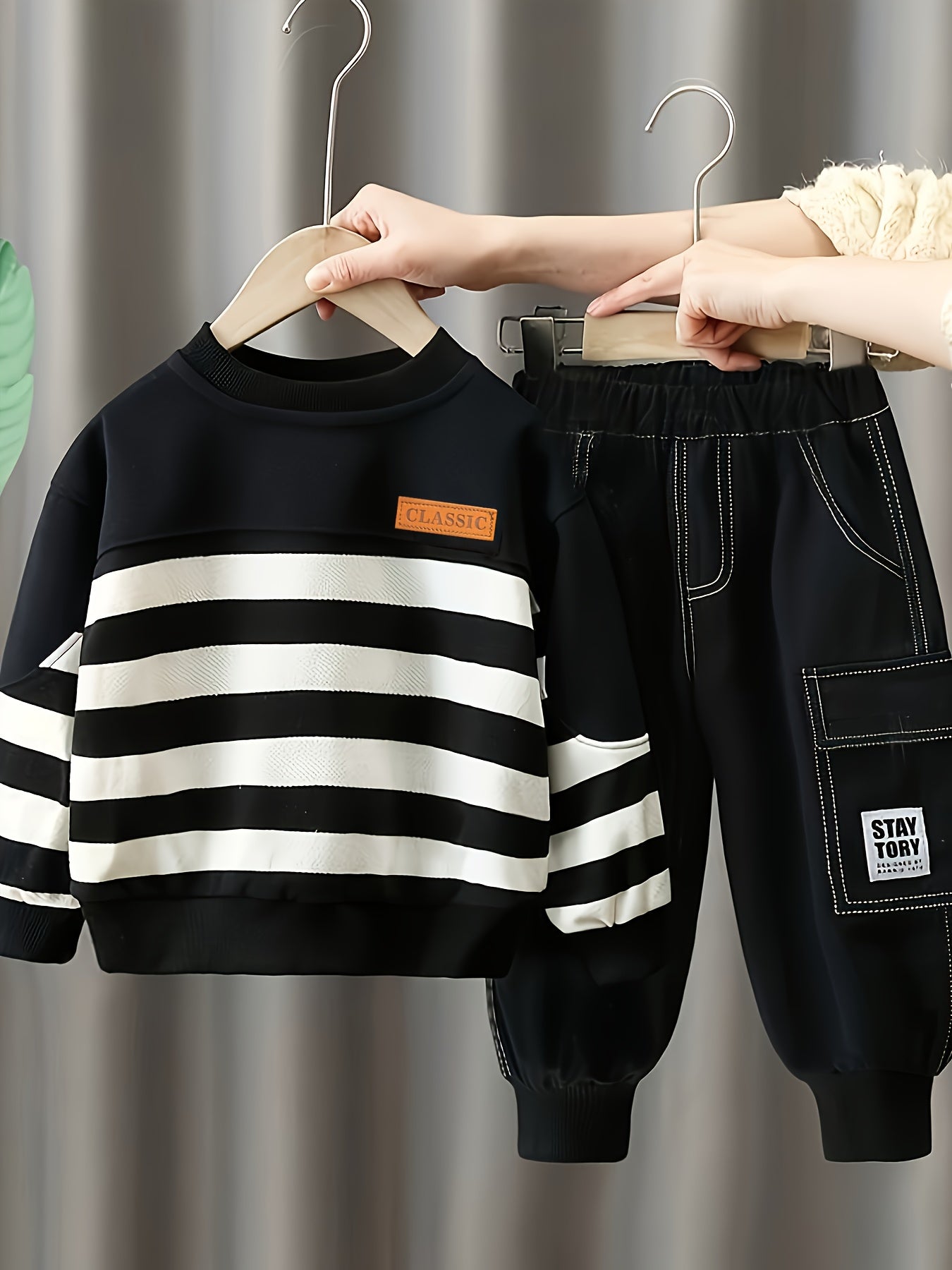 Boys' Casual Stripe Two-Piece Set with Sweatshirt & Pants