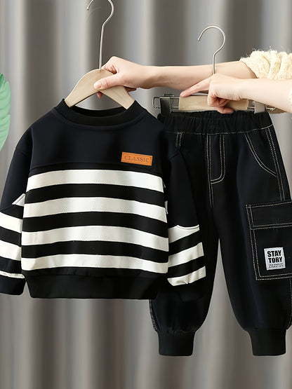 Boys' Casual Stripe Two-Piece Set with Sweatshirt & Pants