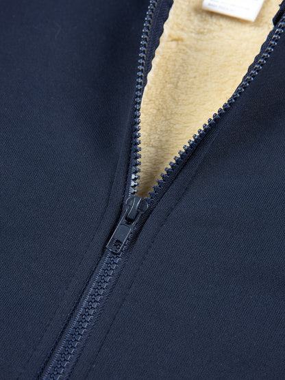 2pcs Boys' Fleece-Lined Hooded Sweatshirt + Casual Pants Set, Solid Color Long-Sleeved Zip-Up Top with Medium Stretch Warm Fabric for Autumn/Winter Season, Perfect for