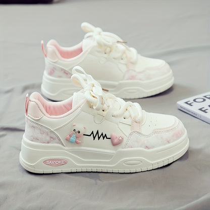Women's White Mid-Top Sneakers with Bear  Heart Stripes Design - PU Cover  Upper, Thick Cushioned PVC Sole - Trendy Casual Shoes for All-Season Comfort