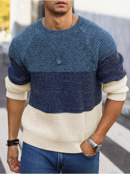 Men's Autumn and Winter Color Block Knit Sweater, Crew Neck Pullover