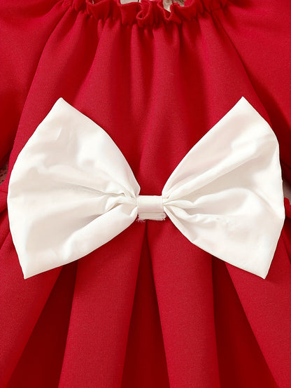 Girls' Long Sleeve Party Dress - Winter Formal & Everyday Outfit, Machine Washable Toddler & Baby Girl Clothing with Front Bow Accent - Rich Red Birthday, Christmas, Photoshoot Dress
