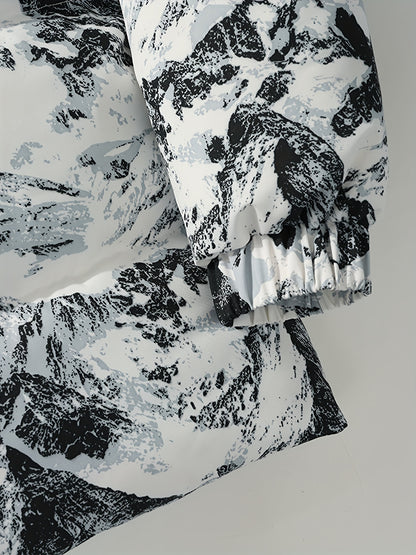 Men's Winter Mountain Camo Hooded Jacket with Insulating Polyester Fill - Stand Collar & Zippered Pockets, Machine Washable Outdoor Coat for Hiking, Camping, Casual Wear - White/Black/Gray (Regular Fit) by Ocean Muai Xing